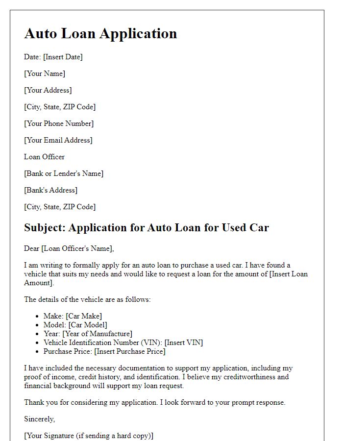 Letter template of auto loan application for used cars