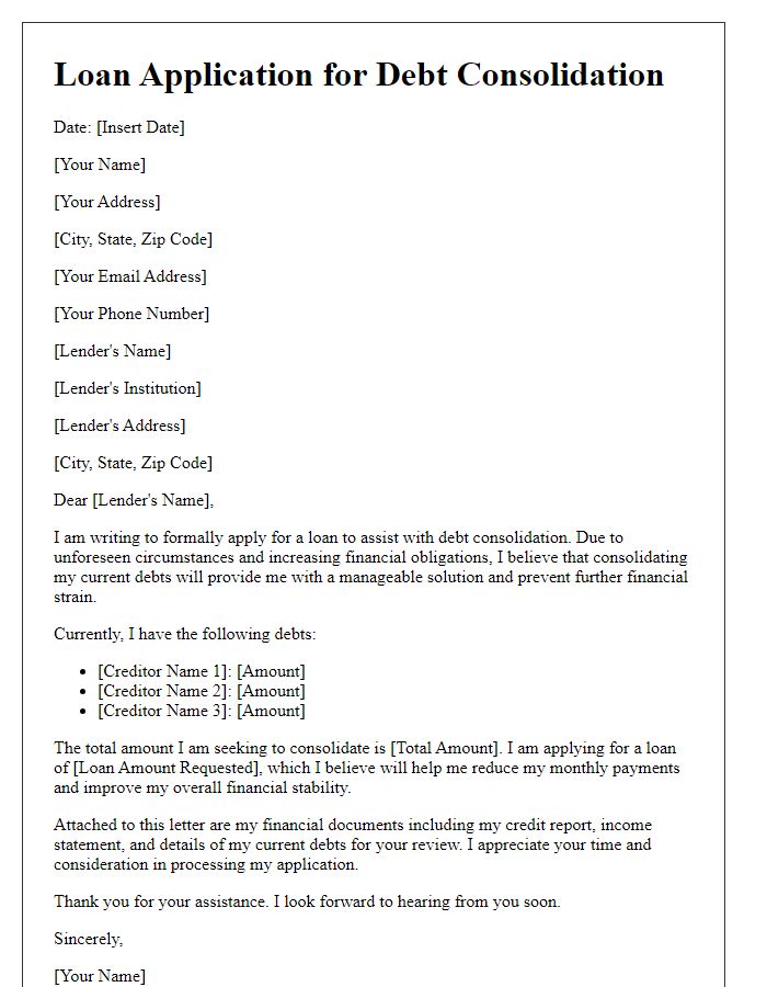 Letter template of formal loan application for debt consolidation