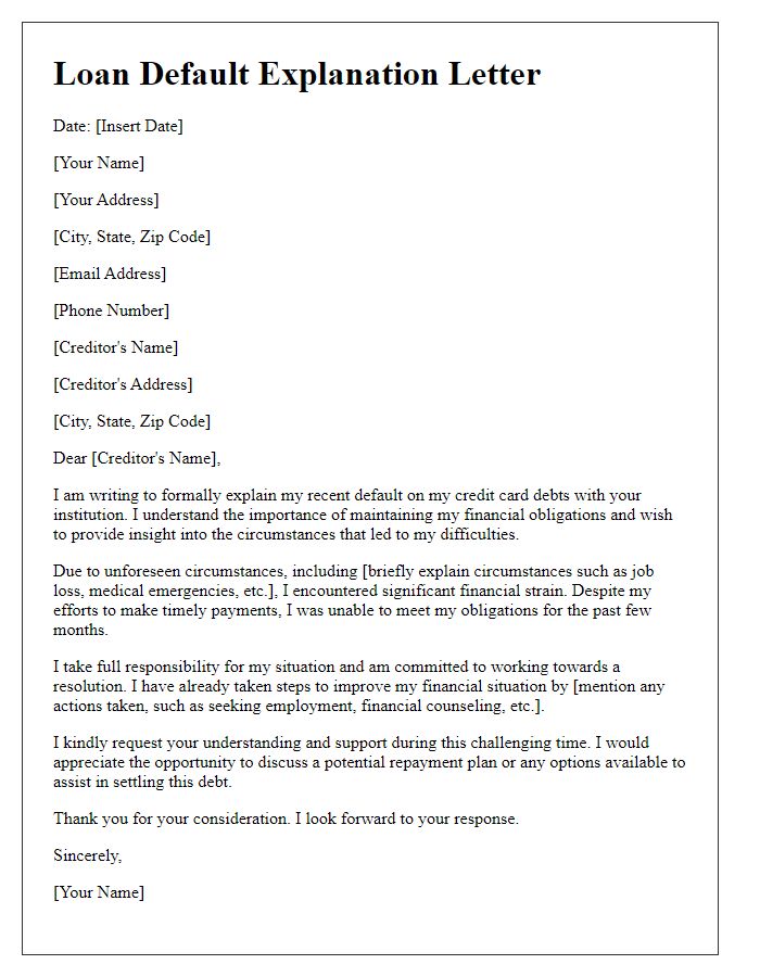 Letter template of loan default explanation for credit card debts.