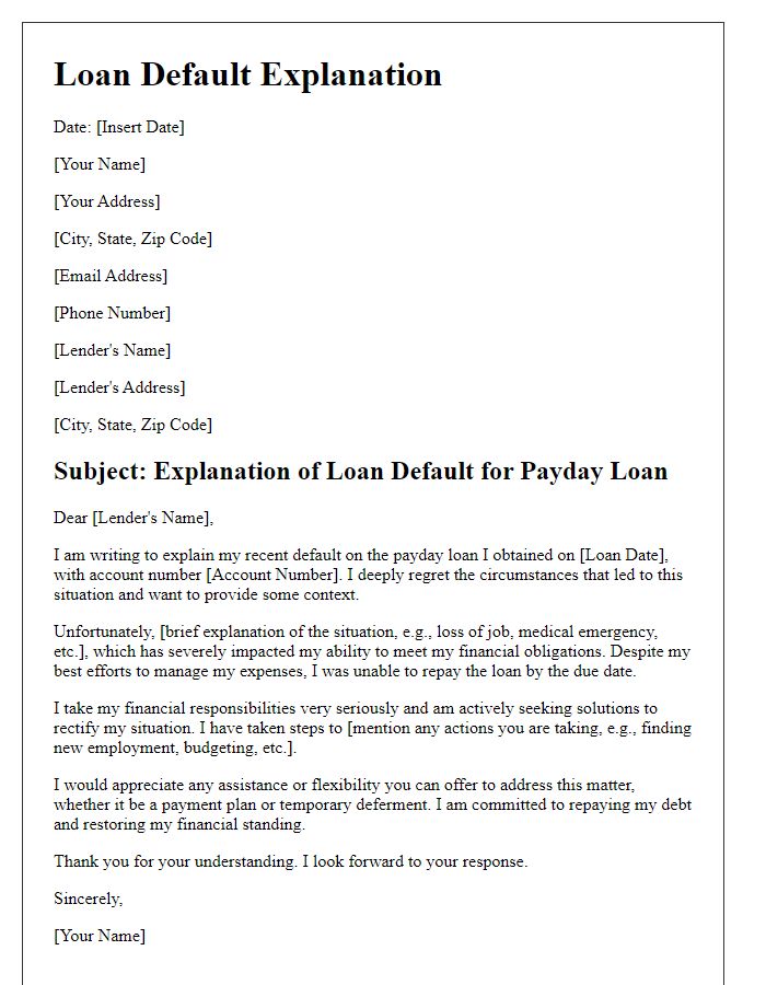 Letter template of loan default explanation for payday loans.