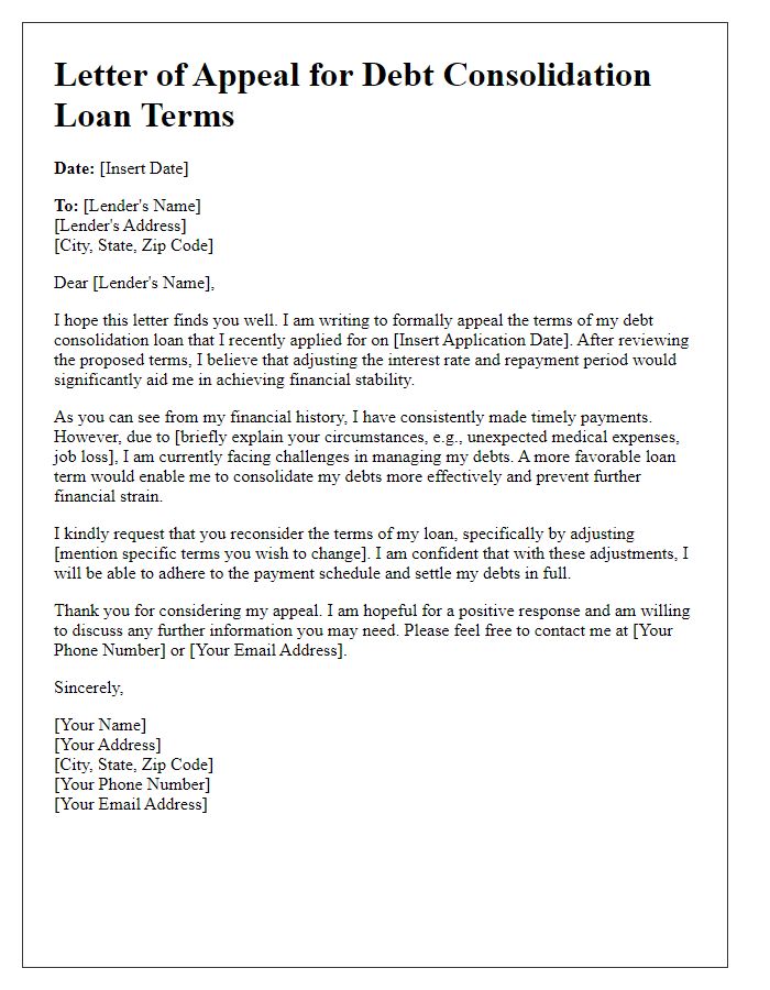 Letter template of appeal for debt consolidation loan terms