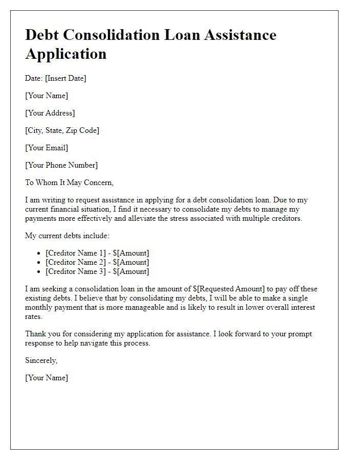 Letter template of application for debt consolidation loan assistance