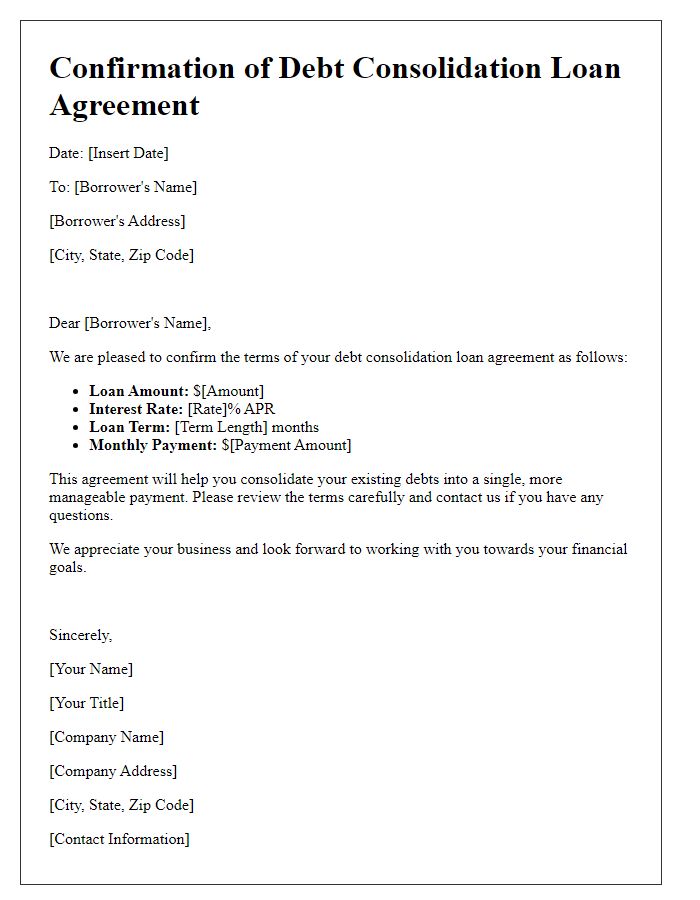 Letter template of confirmation for debt consolidation loan agreement