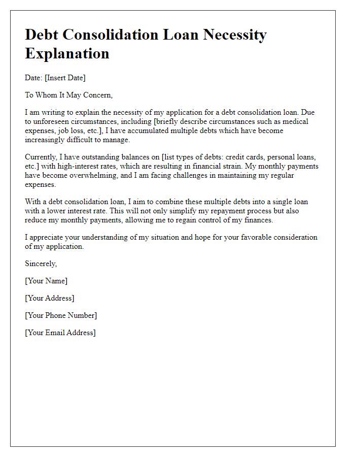 Letter template of explanation for debt consolidation loan necessity