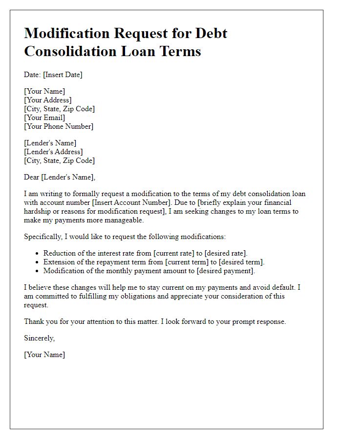 Letter template of modification request for debt consolidation loan terms