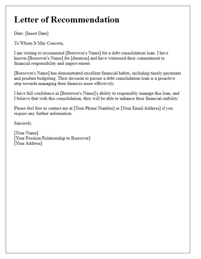 Letter template of recommendation for debt consolidation loan support