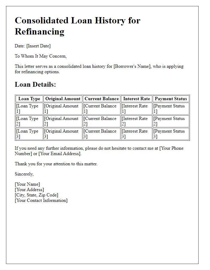 Letter template of consolidated loan history for refinancing