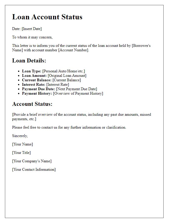 Letter template of loan account status for credit analysis