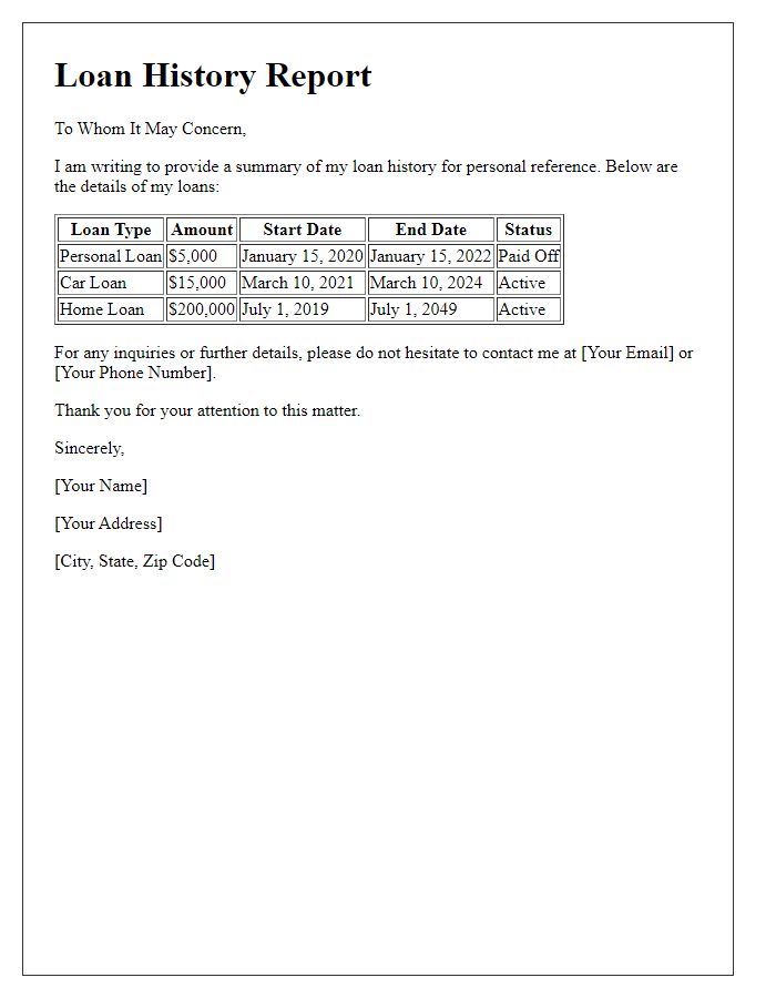 Letter template of loan history report for personal use