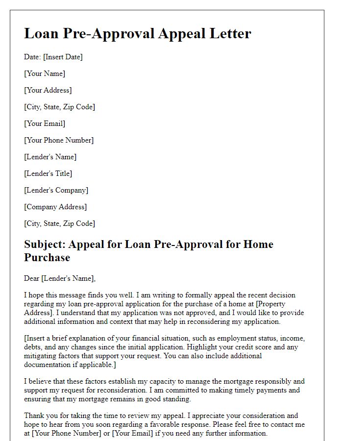 Letter template of loan pre-approval appeal for home purchase.