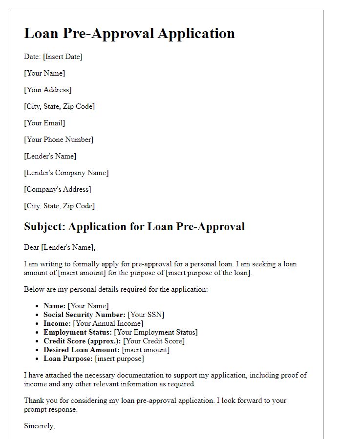 Letter template of loan pre-approval application for personal loan.