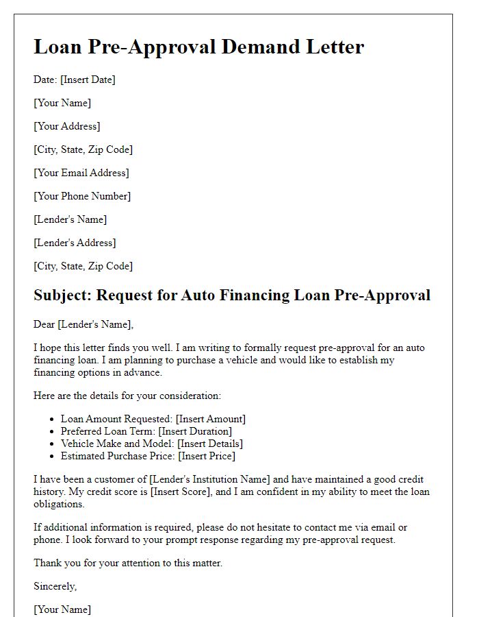 Letter template of loan pre-approval demand for auto financing.