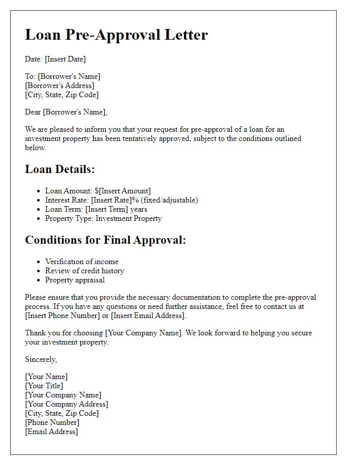 Letter template of loan pre-approval form for investment property.