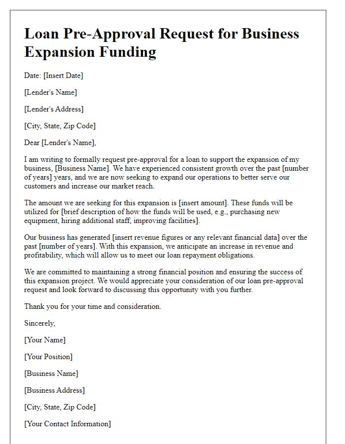 Letter template of loan pre-approval request for business expansion funding.