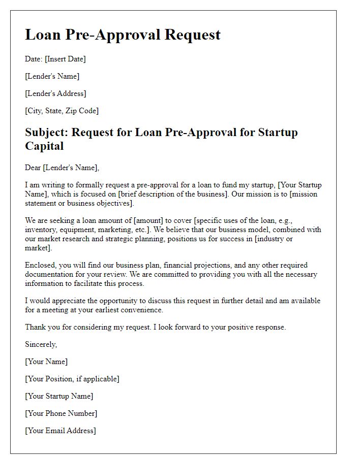 Letter template of loan pre-approval request for startup capital.