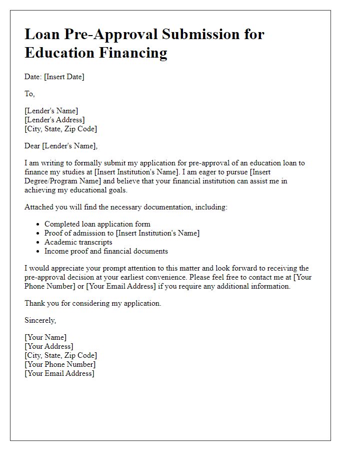 Letter template of loan pre-approval submission for education financing.