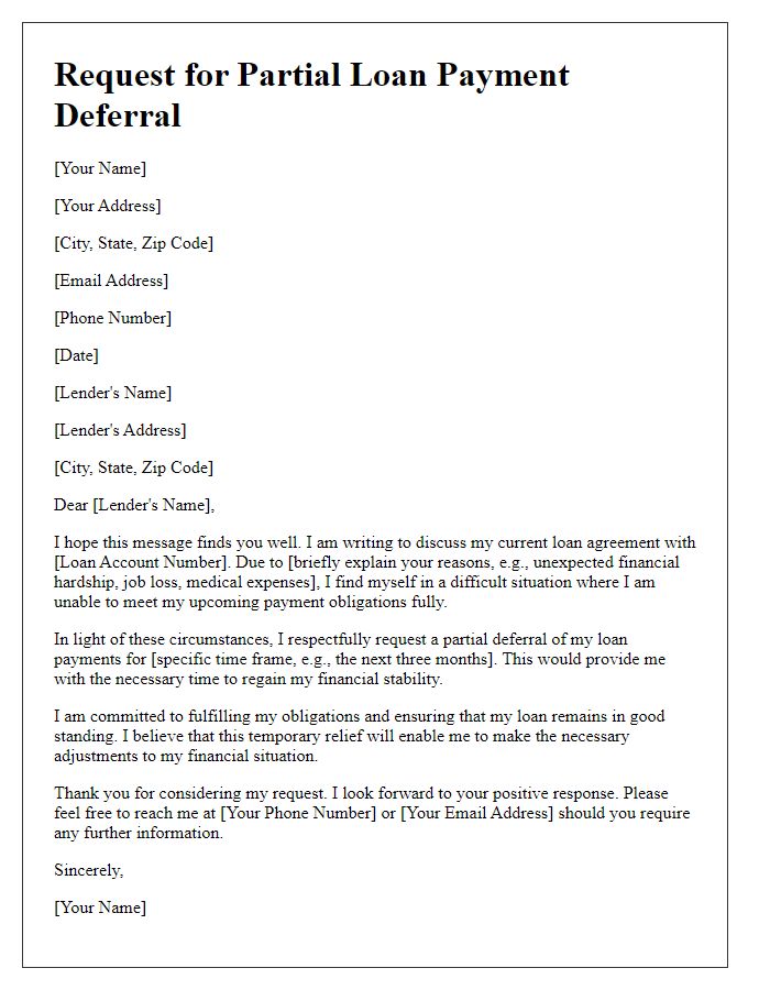 Letter template of appeal for partial loan payment deferral