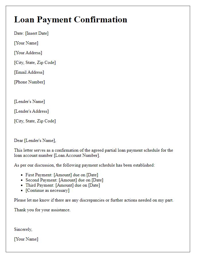 Letter template of confirmation for partial loan payment schedule