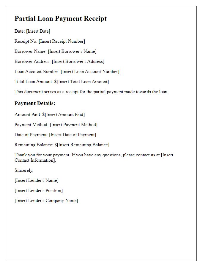 Letter template of documentation for partial loan payment receipt