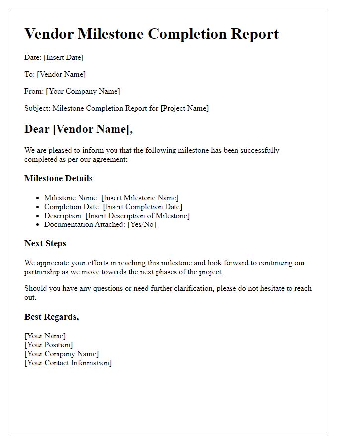 Letter template of vendor milestone completion report