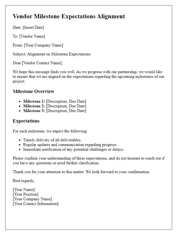 Letter template of vendor milestone expectations alignment