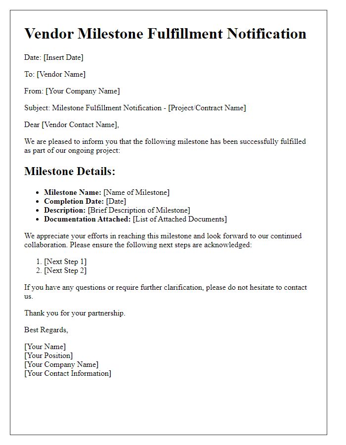 Letter template of vendor milestone fulfillment communication