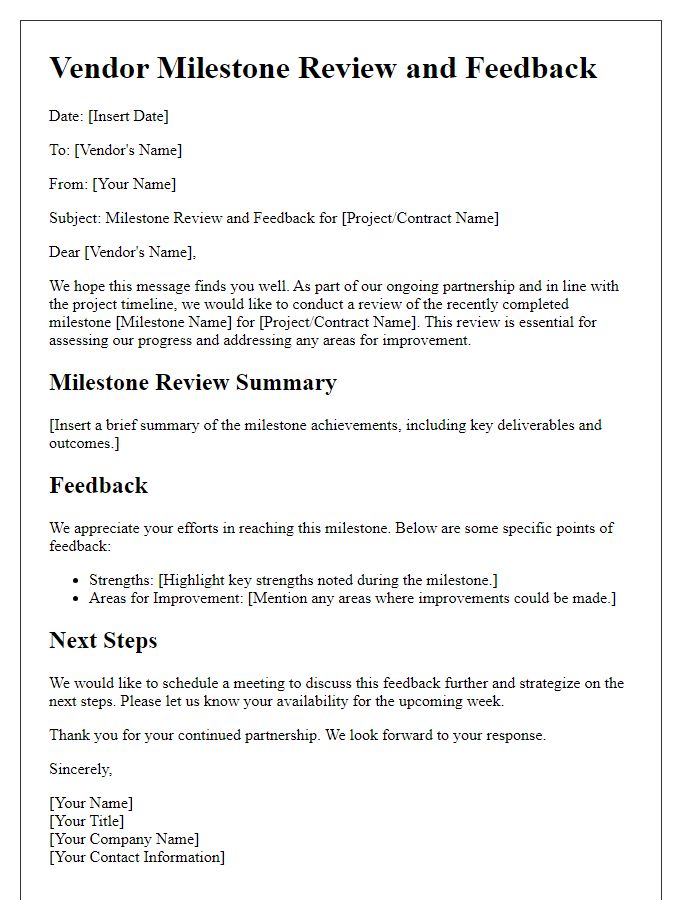 Letter template of vendor milestone review and feedback