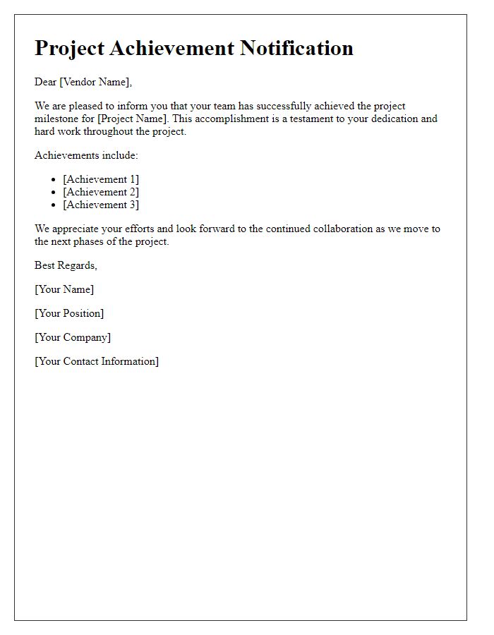 Letter template of vendor project achievement notification