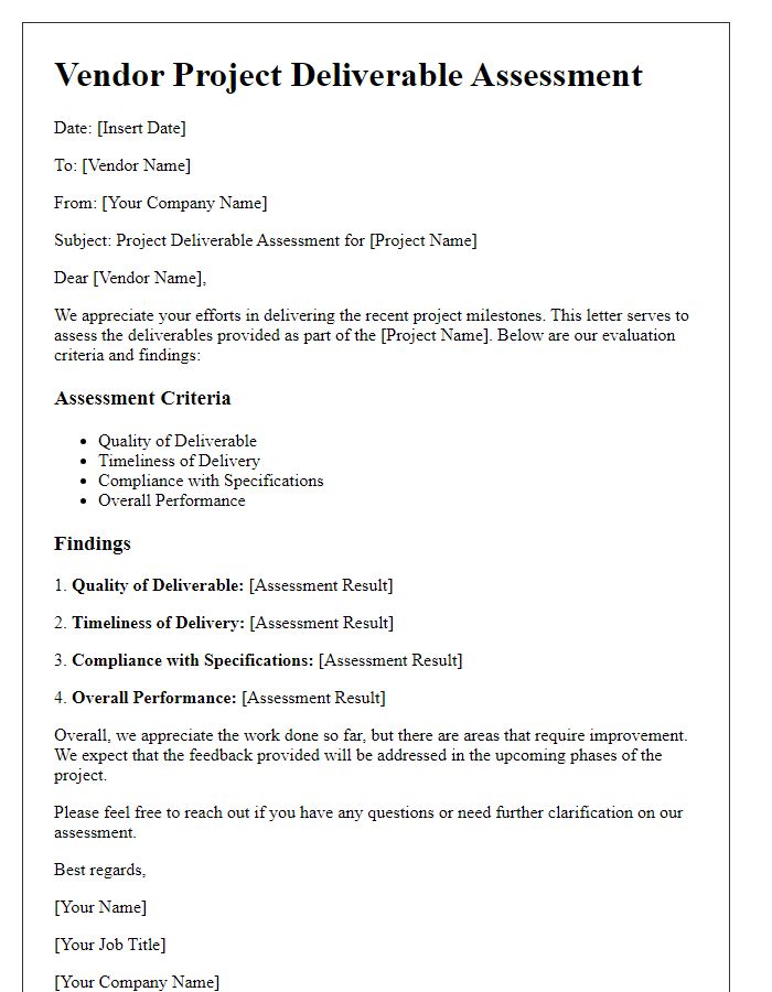 Letter template of vendor project deliverable assessment