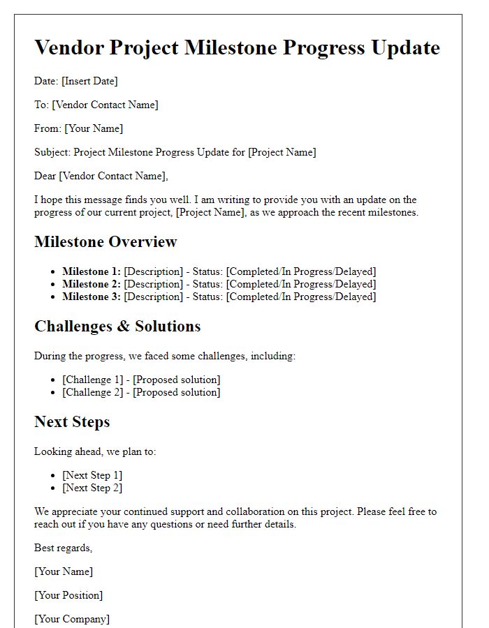 Letter template of vendor project milestone progress update