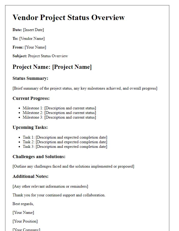 Letter template of vendor project status overview