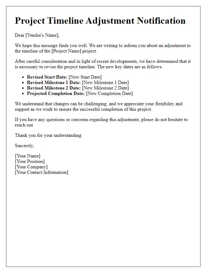 Letter template of vendor project timeline adjustment notification