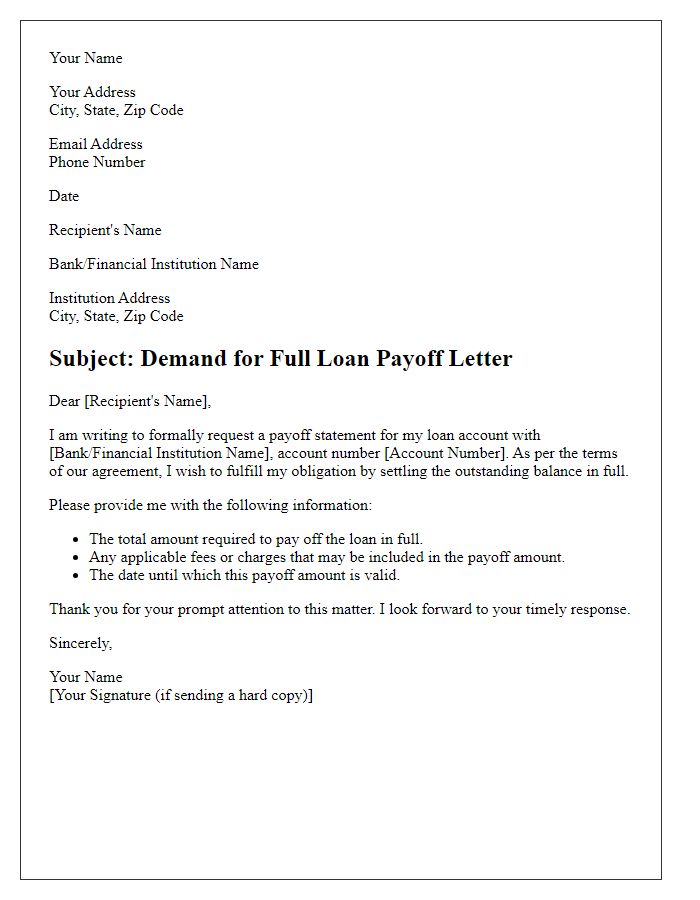 Letter template of demand for full loan payoff letter