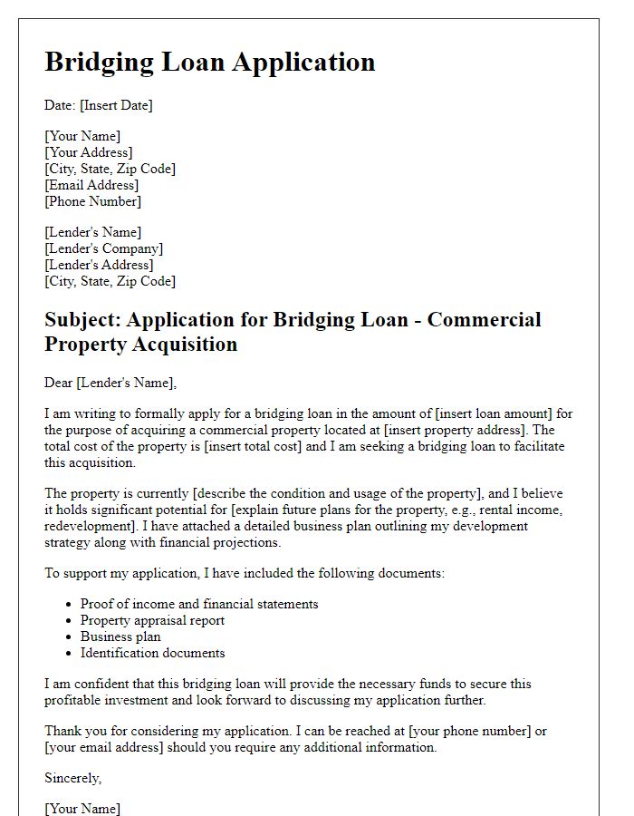 Letter template of bridging loan application for commercial property acquisition.