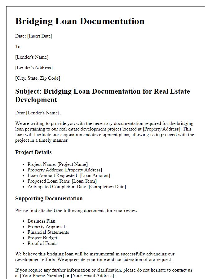 Letter template of bridging loan documentation for real estate development.