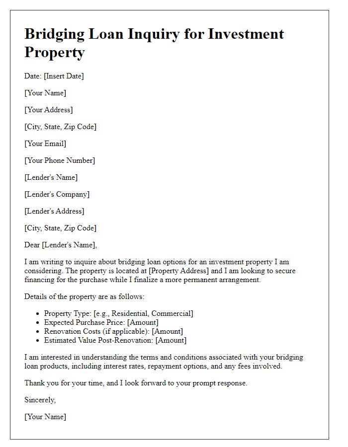 Letter template of bridging loan inquiry for investment property.