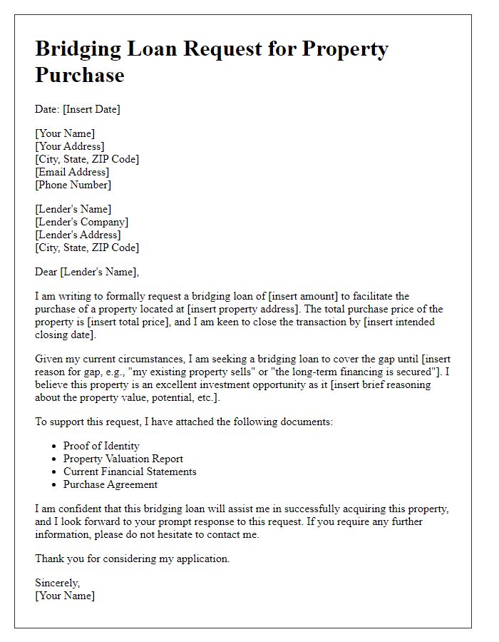 Letter template of bridging loan request for property purchase.