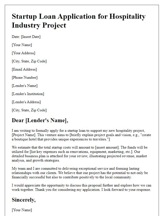 Letter template of startup loan application for hospitality industry project.