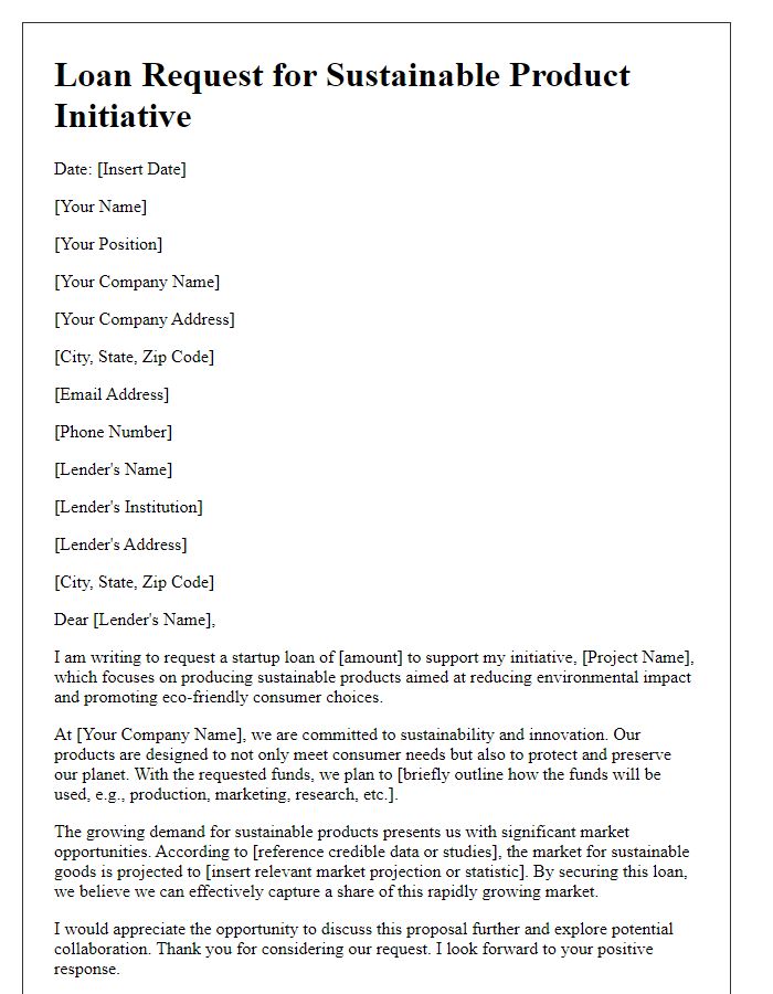 Letter template of startup loan request for sustainable product initiative.