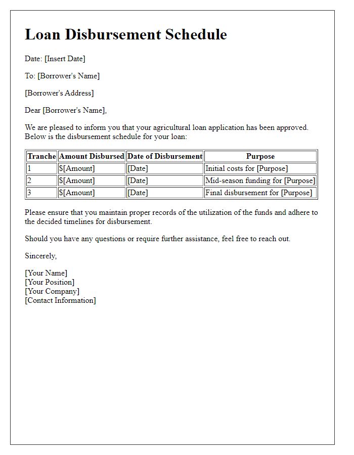 Letter template of loan disbursement schedule for agricultural loans