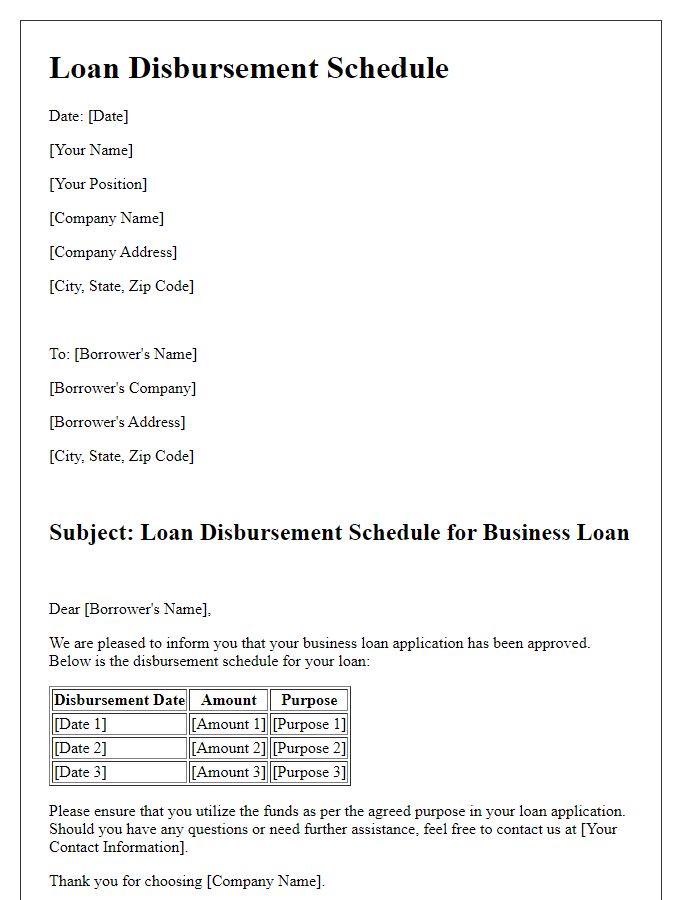 Letter template of loan disbursement schedule for business loans