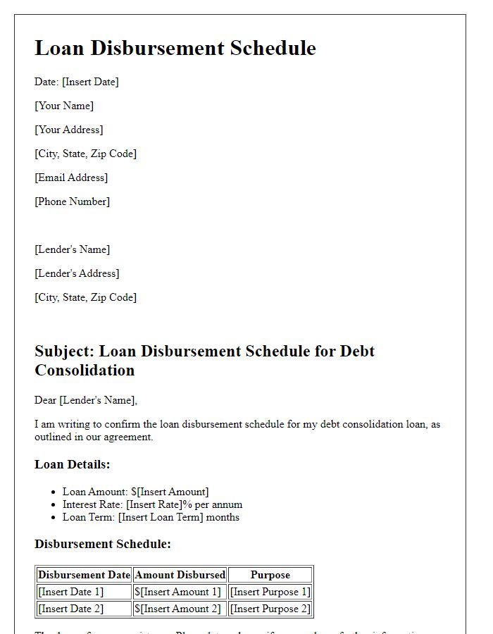 Letter template of loan disbursement schedule for debt consolidation loans