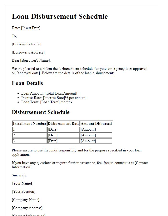 Letter template of loan disbursement schedule for emergency loans