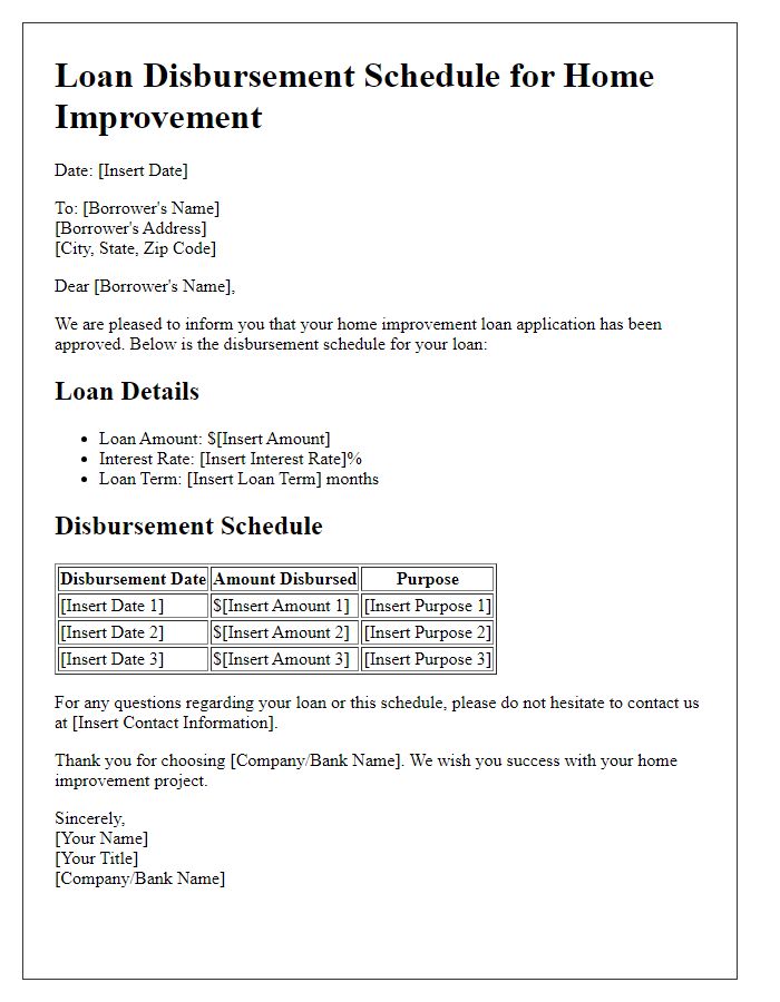 Letter template of loan disbursement schedule for home improvement loans