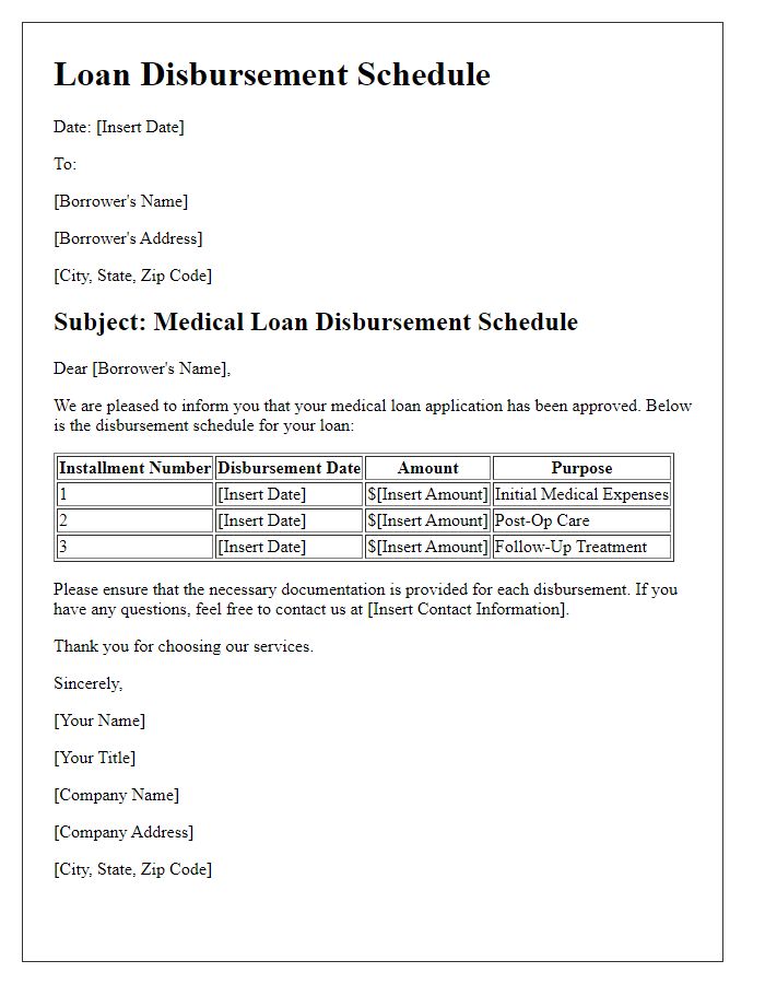 Letter template of loan disbursement schedule for medical loans