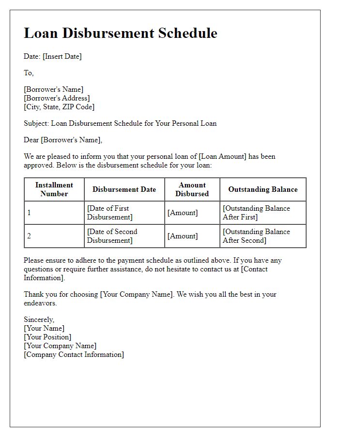 Letter template of loan disbursement schedule for personal loans