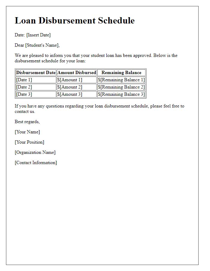 Letter template of loan disbursement schedule for student loans