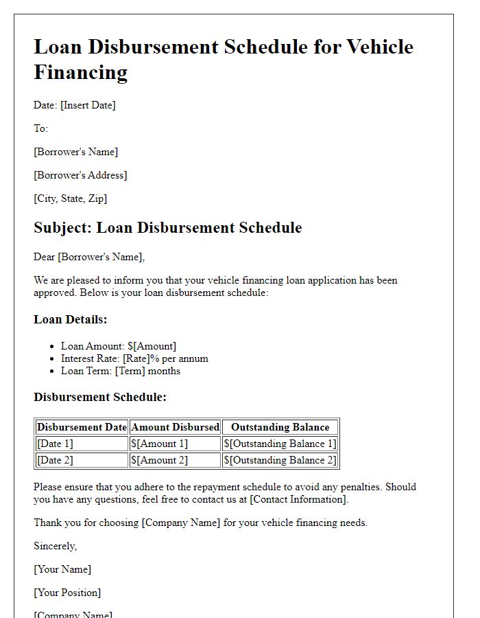 Letter template of loan disbursement schedule for vehicle financing