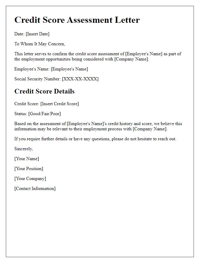 Letter template of credit score assessment for employment opportunities