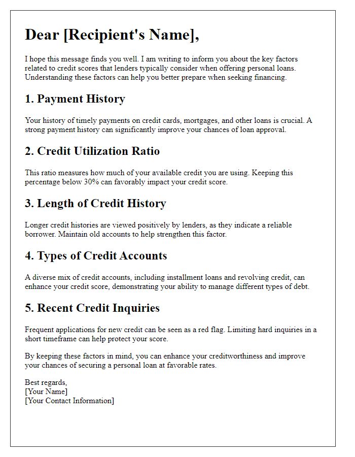 Letter template of credit score factors when considering personal loans